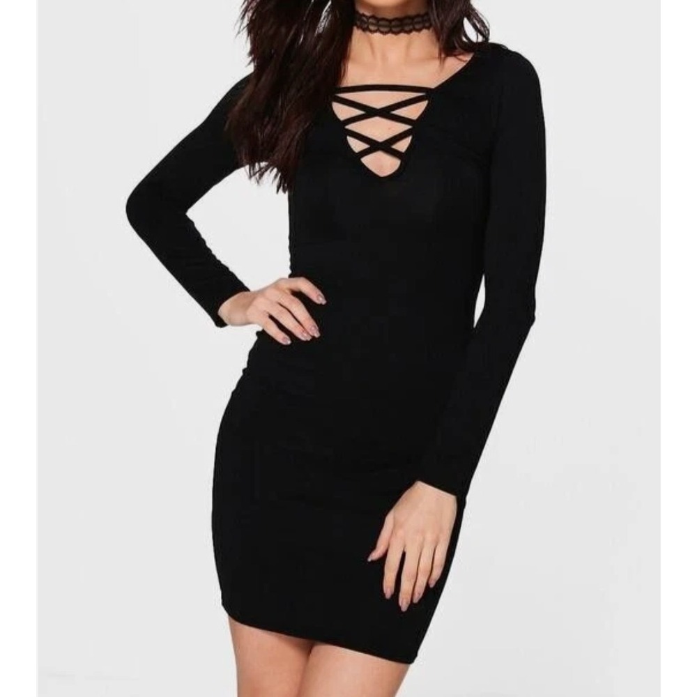 Forever 21 Black Mini Dress Long‎ Sleeve Bodycon  V Neck Women's Medium Y2K